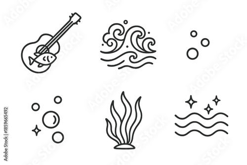 Oceanic Music Icons. Line style icons of Oceanic Music: guitar with fish along strings, glowing sea foam, tiny floating pearls,