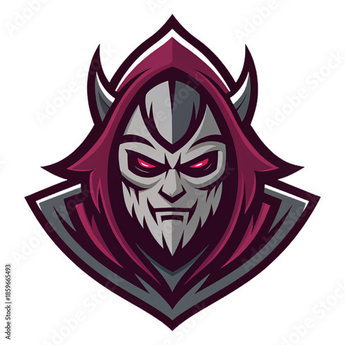 Cursed Mask Vector Mascot, Esport Badge with Dark Grey and Maroon Fills, Gaming Logo