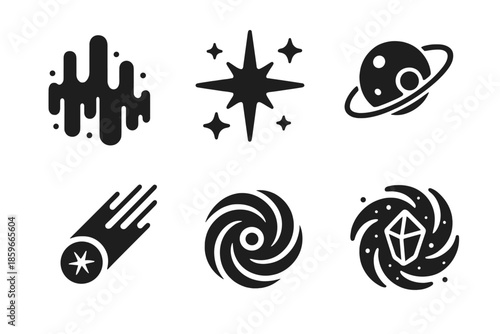 Cosmic Phenomena Icons. Solid style icons of cosmic phenomena in : glowing aurora, sparkling supernova, orbiting meteor, radiant