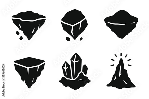 Levitating Solid Landscapes. Solid style icons of levitating landscapes in : floating island, hovering rock, aerial hill, prism