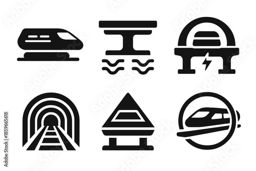 Futuristic Railway Icons. Solid style icons of futuristic railways in : hover train, magnetic track, energy bridge, light tunnel,