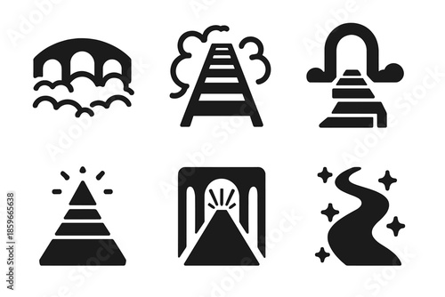 Ethereal Pathway Icons. Solid style icons of ethereal pathways in : mist bridge, fog walkway, floating arch, prism lane, radiant