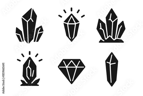 Futuristic Crystal Icons. Solid style icons of futuristic crystals in : prism shard, luminous gem, radiant quartz, glowing crystal