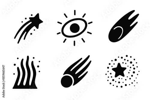 Celestial Icon Set. Solid style icons of celestial phenomena in : luminous trail, radiant orbit, glowing meteor, prism aurora,