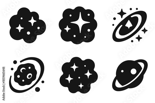 Surreal Space Icons. Solid style icons of surreal space landscapes in : nebula cloud, glowing starfield, prism galaxy, radiant