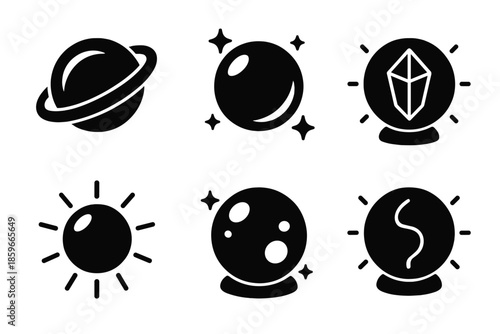 Magical Orbs Icons. Solid style icons of magical orbs in : spinning orb, glowing sphere, prism crystal, radiant ball, ethereal