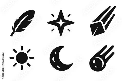 Celestial Icons Collection. Solid style icons of delicate celestial objects in : feather, glowing star, prism comet, radiant orb,