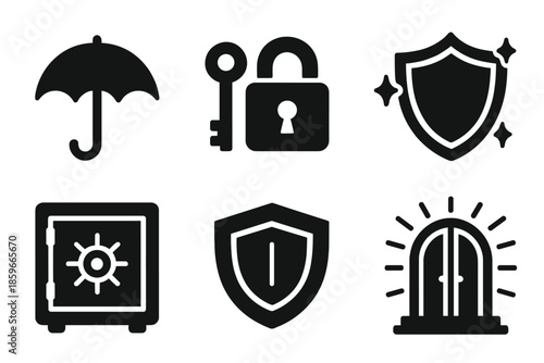 Protective Icons Collection. Solid style icons of protective objects in : umbrella, key, prism lock, glowing shield, radiant vault