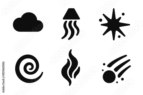 Levitating Natural Elements. Solid style icons of levitating natural elements in : cloud, prism vapor, glowing puff, radiant swirl