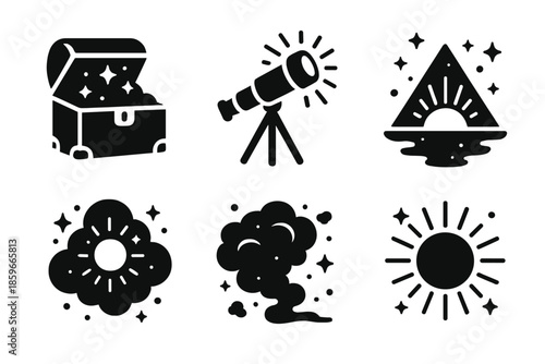 Surreal Discovery Icons. Solid style icons of surreal discovery scenes in : treasure chest, glowing telescope, prism horizon,