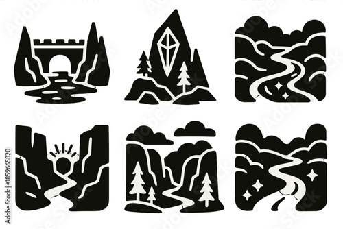 Fantasy Landscape Icons. Solid style icons of fantasy landscapes in : bridge, prism cliff, glowing river, radiant canyon, ethereal