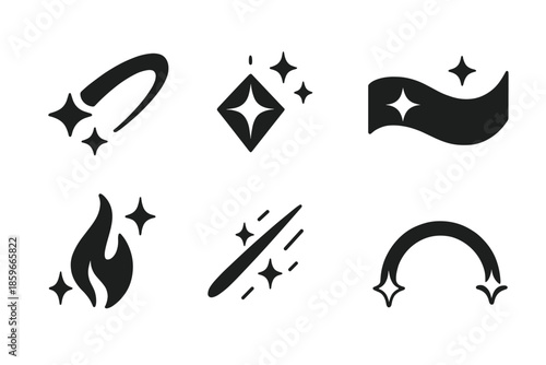 Whimsical Light Icons. Solid style icons of whimsical light effects in : glowing trail, prism spark, radiant ribbon, ethereal