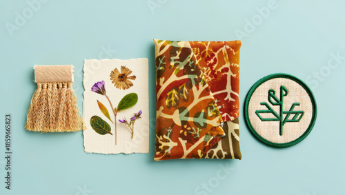 Artistic Still Life Composition Featuring Dried Flowers, a Woven Tassel, a Patterned Cloth, and an Embroidered Patch on a Soft Blue Background, Showcasing Natural Textures and Earthy Tones