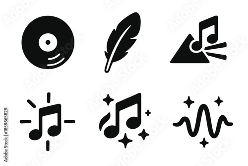 Whimsical Music Icons. Solid style icons of whimsical music in : vinyl record, feather, prism note, glowing chord, radiant melody,