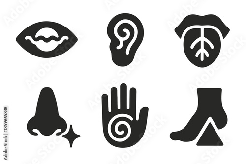 Sensory Fusion Icons. Solid style icons of sensory fusion: eye wave, ear spiral, tongue leaf, nose spark, hand ripple, foot prism