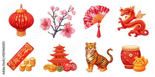 Chinese new year symbols: lantern, fan, dragon, tiger, and more