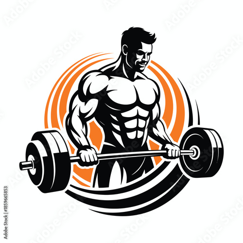 Muscular bodybuilder lifting heavy barbell fitness gym illustration
