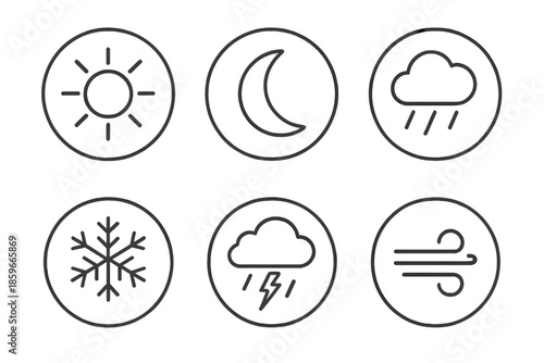 Line Weather Icons. Line style circular vector icons of weather symbols: sun, moon, rain, snowflake, thunder, wind. No text, No