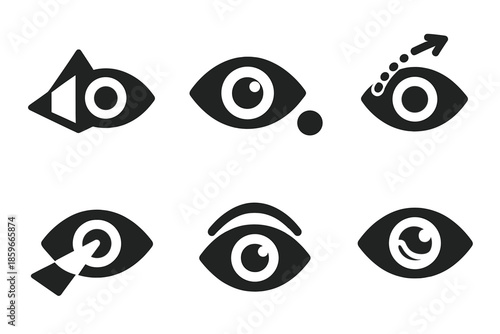 Gaze Tracking Icons. Solid style icons of gaze & attention tracking: eye prism, focus dot, pupil path, highlight beam, attention