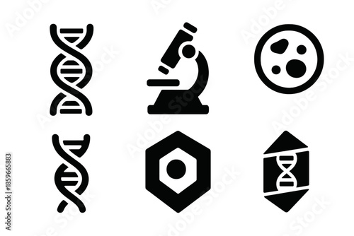 Genetic Monitoring Icons. Solid style icons of genetic & molecular monitoring: gene strand, microscope prism, petri dish, RNA