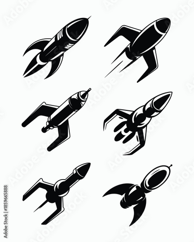 Modern rocket launch and spaceship icons set for startup