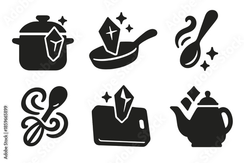 Kitchen Magic Icons. Solid style icons of kitchen magic: pot prism, pan sparkle, spoon wave, whisk swirl, cutting board prism,