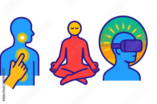 Virtual Therapy Gestures. Isometric vector illustration set Virtual Reality Somatic Therapy Gestures: hands pressing glowing