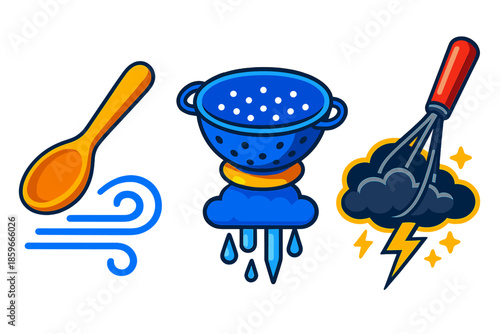 Weather-Forecasting Kitchen Tools. Isometric vector illustration set Kitchen Utensils Forecasting Tomorrow's Weather: wooden spoon