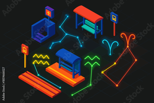 Zodiac Transport Network. Isometric vector illustration set Public Transport Stops Constellating Zodiac: subway exits projecting
