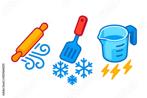Weather-Inspired Kitchen Tools. Isometric vector illustration set Kitchen Utensils Forecasting Tomorrow's Weather: rolling pin