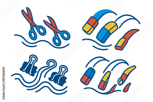 Dancing Office Supplies. Isometric vector illustration set Office Supplies Performing Synchronized Swimming: scissors performing