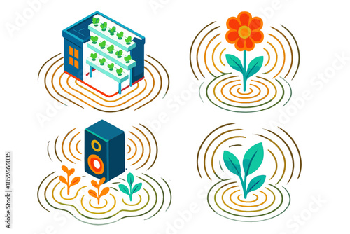 Urban Sonic Gardening. Isometric vector illustration set Urban Gardening with Sound Waves: rooftop hydroponics with glowing sonic