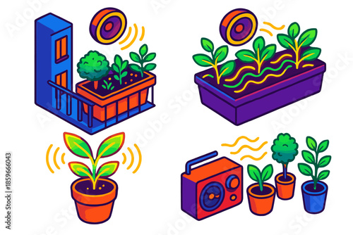 Musical Balcony Garden. Isometric vector illustration set Urban Gardening with Sound Waves: city balcony plants vibrating to