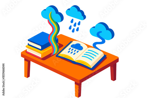 Books and Atmospheric Rivers. Isometric vector illustration set Library Books Forecasting Atmospheric Rivers: library table with