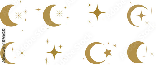 Golden Crescent Moon and Star Icons Set Elegant Night Symbols