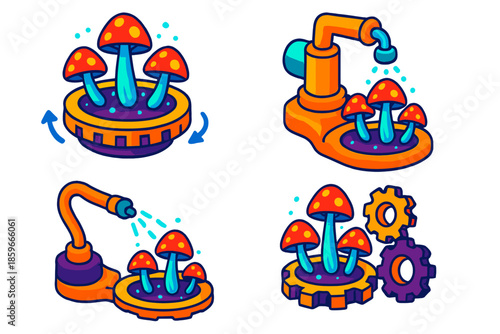 Clockwork Fungi Garden. Isometric vector illustration set Clockwork Mechanisms Cultivating Bioluminescent Fungi: rotating