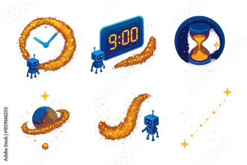 Glowing Cosmic Timekeepers. Isometric vector illustration set Moon dust telling time: orbiting glowing moon dust clouds forming