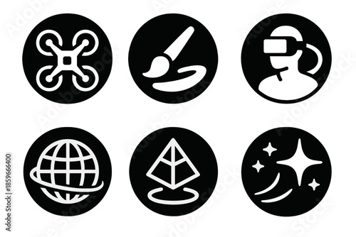 VR Creativity Icons. Solid style round vector icons of VR creativity: drone frame, brush motion, light trail, immersive sphere,