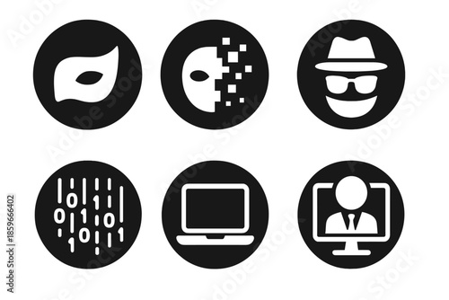 Online Anonymity Icons. Solid style round vector icons of online anonymity: half mask, pixel dissolve, hidden face, binary rain,