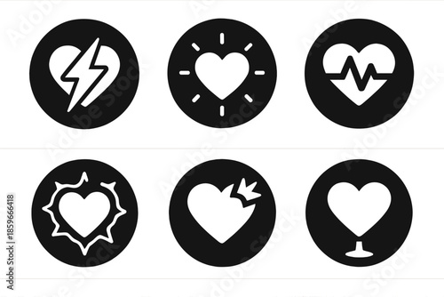 Heart Energy Icons. Solid style round vector icons of heart energy: lightning strike, luminous heart, glowing pulse, electric aura