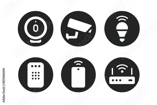 Smart Home Icons. Solid style round vector icons of smart home technology: thermostat, security camera, smart bulb, speaker,