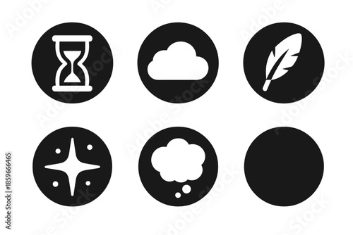 Time and Imagination Icons. Solid style round vector icons of time and imagination: sandglass, cloud, feather, spark, dream bubble
