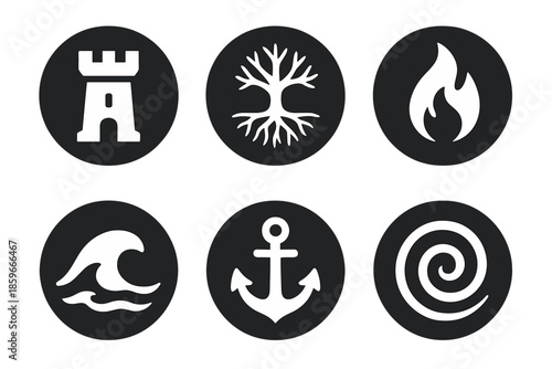 Resilience Icons. Solid style round vector icons of resilience and foundation: tower, root system, flame, wave, anchor, spiral No
