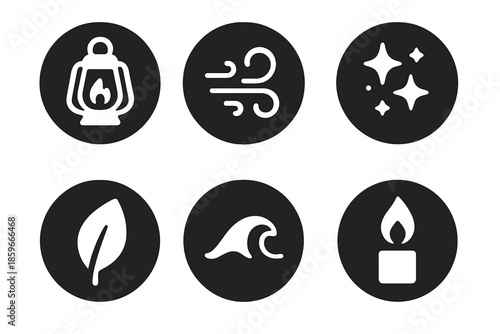 Symbols of Endurance. Solid style round vector icons of spirit and endurance: lantern, wind gust, star dust, petal, wave, candle