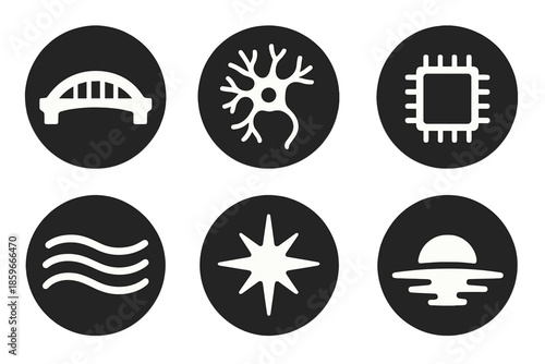 Synergy Evolution Icons. Solid style round vector icons of synergy and evolution: bridge, neuron, microchip, stream line, spark,
