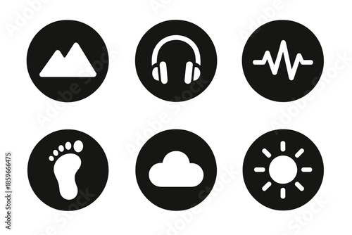 Sonic Journey Icons. Solid style round vector icons of sonic journey: mountain, headphones, pulse wave, footprint, cloud, sun No
