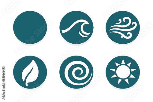Harmony and Flow Icons. Solid style round vector icons of harmony and flow: circle, curved wave, wind line, leaf, spiral, sun No