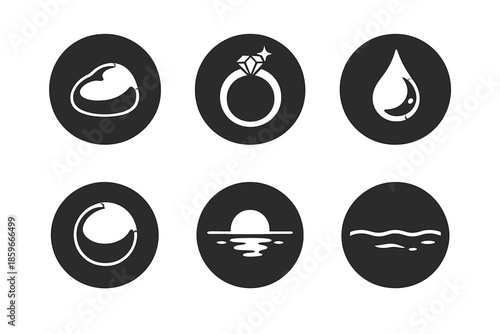 Solid Vector Icons. Solid style round vector icons of purity and form: pebble, ring, droplet, sphere, horizon, water line No text,