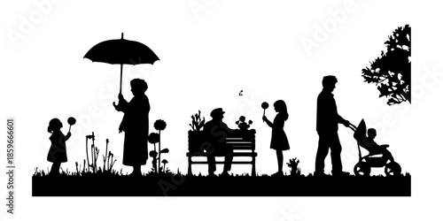 Family enjoying park day, silhouettes with umbrella and dandelions
