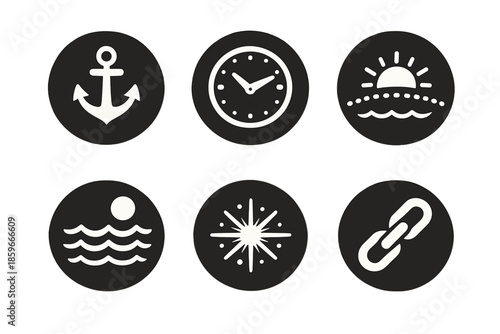 Solid Style Icons. Solid style round vector icons of lasting focus: anchor, clock, sun path, steady tide, beam glow, chain link No